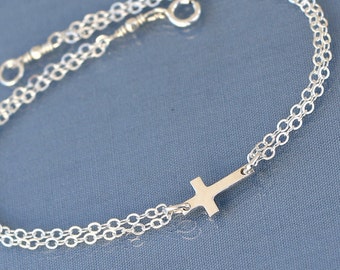 Small Sideways Cross Bracelet, Sterling Silver, Tiny,Petite,Off Centered Cross,Celebrity Inspired,Faith,Religious