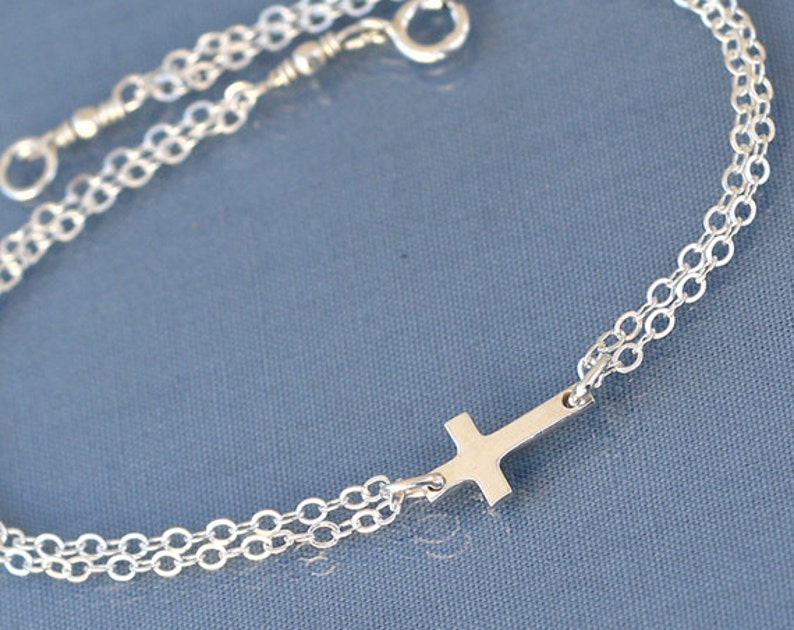 Small Sideways Cross Bracelet, Sterling Silver, Tiny,Petite,Off Centered Cross,Celebrity Inspired,Faith,Religious image 1