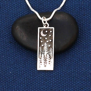 Silver Pine Tree with Moon Necklace,Sterling Silver,Pine Tree Charm,Tree Charm,Evergreen,Forest,Hiking,Star Sky, Crescent Moon,Gift for Her