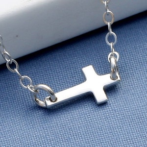 Small Sideways Cross Necklace,Sterling Silver Cross Necklace,Tiny,Petite,Off Centered Cross,Celebrity Inspired,Religious,Trendy,Gift for Her image 2