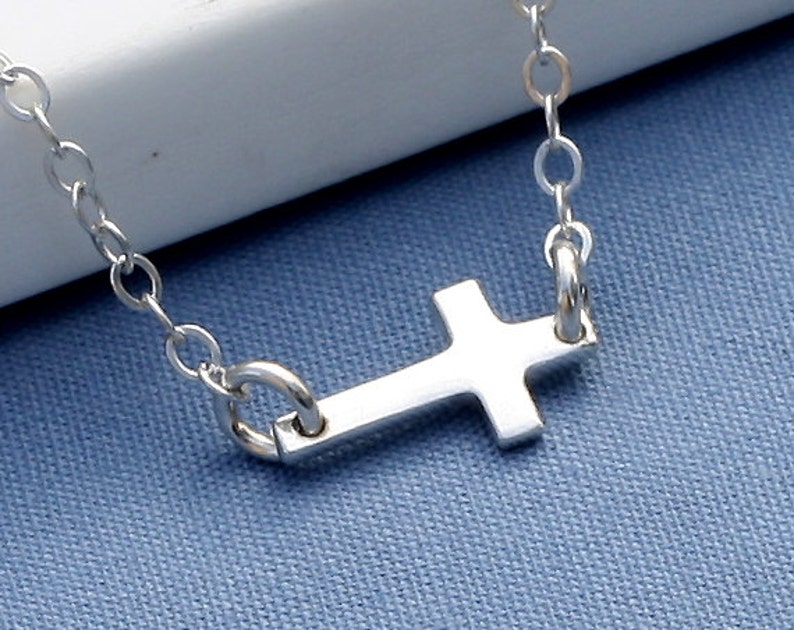 Small Sideways Cross Necklace,Sterling Silver Cross Necklace,Tiny,Petite,Off Centered Cross,Celebrity Inspired,Religious,Trendy,Gift for Her immagine 2