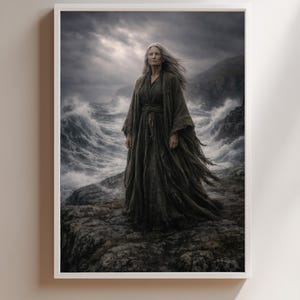 Könnte beinhalten: Ein gerahmter Wandkunstdruck, der eine Person mit langem grauem Haar in einem dunklen, strukturierten, bodenlangen Gewand zeigt. Die Figur steht auf einer felsigen Klippe über einem stürmischen Ozean mit hohen Wellen unter einem bewölkten Himmel.