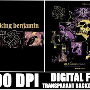 May include: Black digital art featuring the band name "breaking benjamin" in gold lettering. The design includes a skull, a raven, and a knot symbol. Additional graphics include a skull, a figure, and a crown.