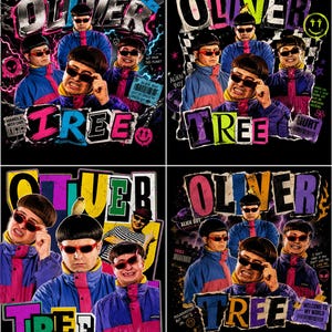 May include: A collage of four graphic designs featuring Oliver Tree wearing a bowl cut and sunglasses with a blue and pink jacket. The text OLIVER TREE is displayed in various bold fonts alongside alien motifs, barcodes, and colorful abstract shapes.