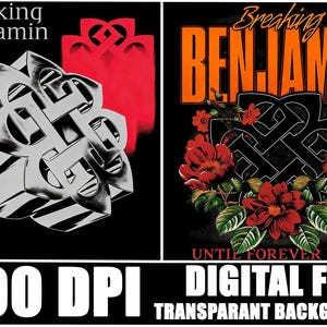 Puede incluir: Un archivo digital con dos diseños. Un diseño presenta el texto "breaking benjamin" en naranja, un emblema negro y flores rojas. El otro diseño tiene un emblema plateado con el texto "breaking benjamin" y "MMXXV".
