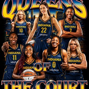 May include: A black graphic t-shirt featuring six Indiana basketball players in navy blue uniforms with yellow lettering. The text QUEENS OF THE COURT is printed in a bold, yellow-to-blue gradient font over a city skyline background.
