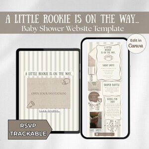 May include: A digital baby shower website template featuring a football theme with beige and white stripes. The text reads A LITTLE ROOKIE IS ON THE WAY, OPEN YOUR INVITATION, CLICK TO OPEN, RSVP TRACKABLE, DIAPER RAFFLE, and BOOKS FOR BABY.