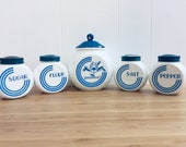 Fire King Vitrock Canister Set, 1940s White and Blue Kitchen Canisters Anchor Hocking Round striped containers retro storage rare find