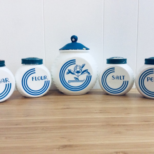 Fire King Vitrock Canister Set, 1940s White and Blue Kitchen Canisters Anchor Hocking Round striped containers retro storage rare find