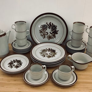 Vintage Brown Monterrey Stoneware Dinner Set, Mid Century Dining Dish Collection, Home Dishes Dinnerware Floral Boho Plates Teapot Mugs 70s