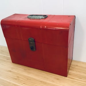 Vintage Red metal lunchbox mid century 1950s 1960s dome lunchbox factory worker industrial Thermos Dome lunch box factory lunch pail Atomic