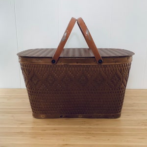 Vintage Large Woven Wicker Picnic Basket with Wooden Hinged Lid and Metal Handles Redman Mid Century 1960s kids summer baskets retro