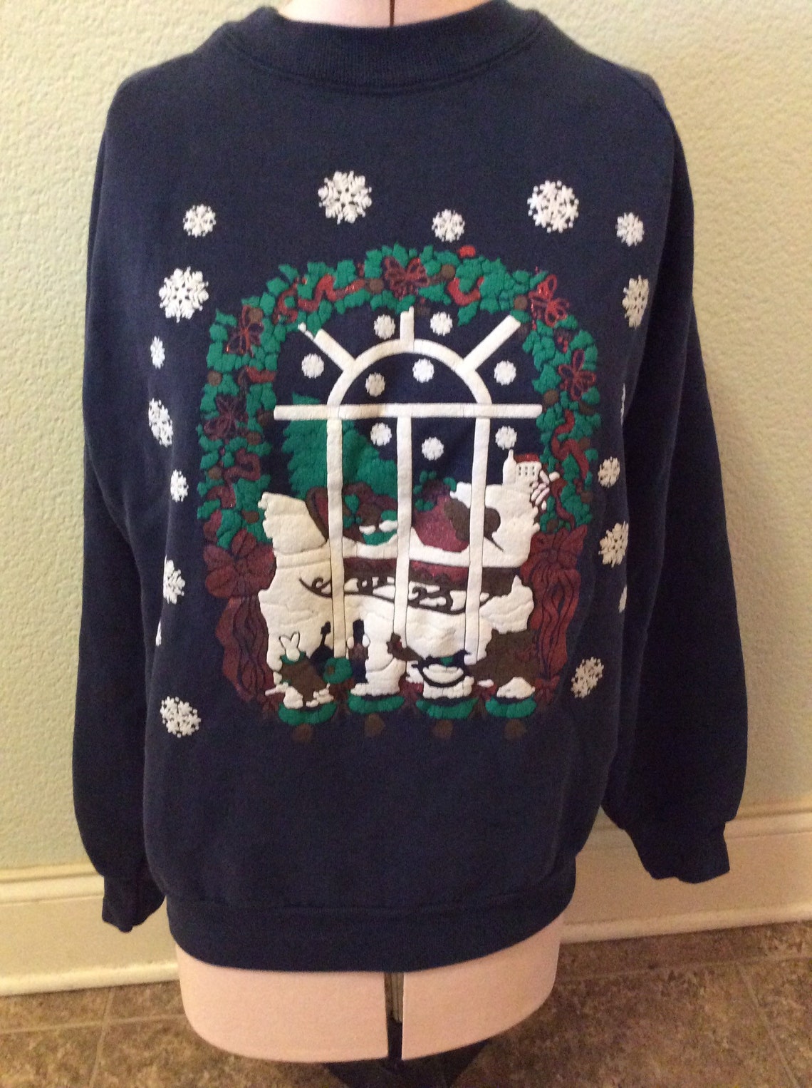 Vintage Ugly Christmas Knit Navy Sweatshirt Unisex Size Medium Etsy