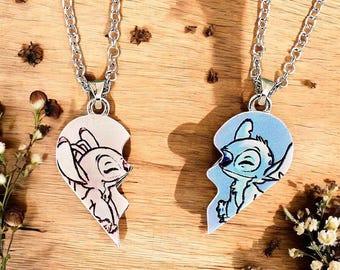 Bijpassende hart paar kettingen set, Stitch & Angel Friend-sieraden