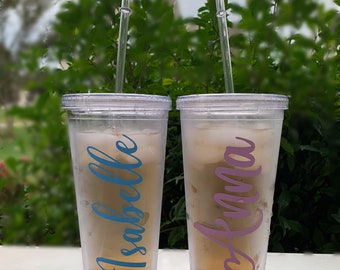 16oz Clear Cup with Straw Personalized Tumbler Wedding Party Bridesmaid Birthday Cup Kids Christmas Gift