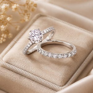Dainty Bridal Ring Set, Solitaire Zircon Engagement Ring, Sterling Silver Stackable Wedding Band