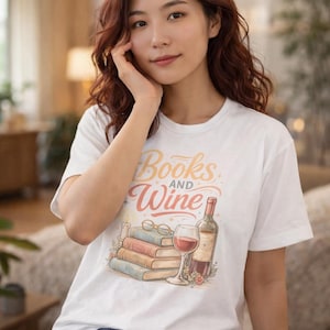 Books and Wine T-Shirt | Stack of Books, Glass, Bottle Design