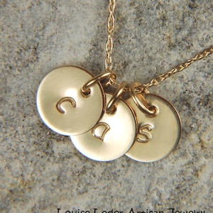 Personalized 14K Solid Gold Disc Necklace: Hand Stamped Initial Pendants