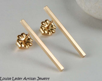 14K Solid Gold Bar Earrings: Minimalist Studs, Handmade Jewelry