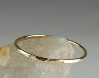 14K Solid Gold Hammered Ring: Dainty Rustic Wedding Band