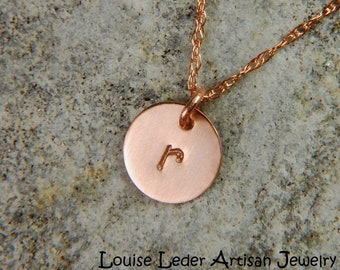 Personalized 14K Rose Gold Initial Necklace - Hand Stamped Disc Pendant