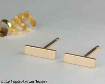 Handmade 18K Solid Gold Stud Earrings - Minimalist Bar Studs