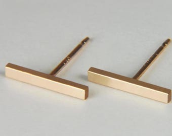 14K Solid Gold Bar Stud Earrings: Minimalist Everyday Studs