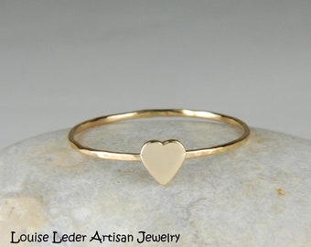 Dainty 14K Gold Heart Ring, Thin Hammered Band