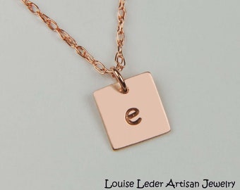 Personalized 14K Rose Gold Necklace, Hand Stamped Square Pendant