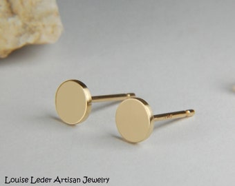 14K Solid Gold Disc Stud Earrings: Handmade Minimalist Gold Studs