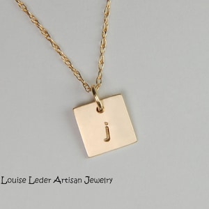 14K Gold Personalized Square Pendant, Hand Stamped Initial Necklace
