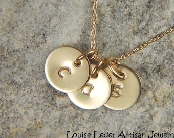 Personalized 14K Solid Gold Disc Necklace: Hand Stamped Initial Pendant