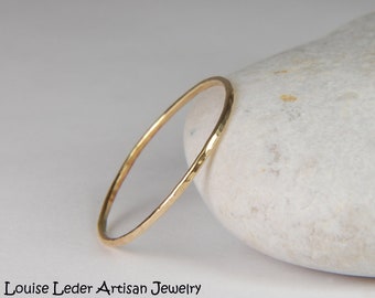 14K Solid Gold Hammered Stacking Ring - Thin Gold Band