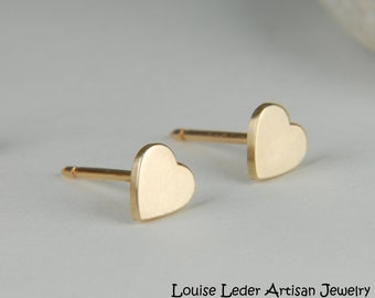 14K Gold Heart Earrings: Handmade Dainty Gold Studs