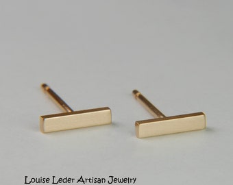 Handmade 14K Solid Gold Bar Stud Earrings: Minimalist Gold Studs