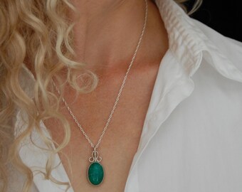 Green Gemstone Sterling Silver Pendant: Artisan Boho Necklace
