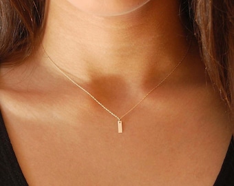 Dainty 14K Solid Gold Vertical Bar Necklace - Handmade Minimalist Pendant