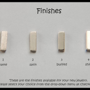 May include: Four metal samples showing different finishes: matte, satin, buffed, and shiny. The samples are labeled with numbers 1 through 4 and the corresponding finish names.