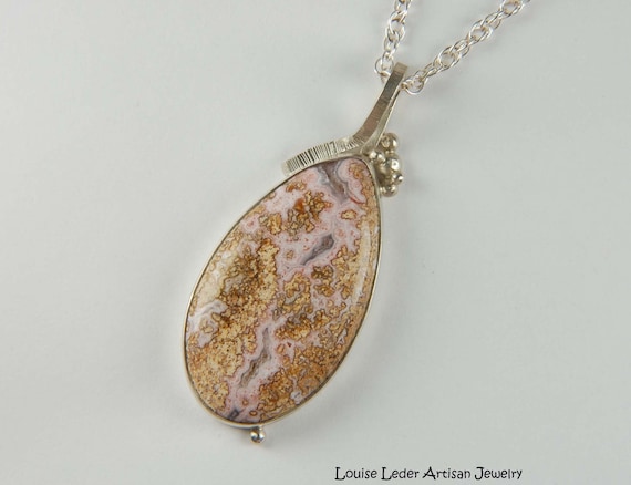 Calico Lace Agate Pendant Sterling Silver Necklace - Handmade Boho Jewelry