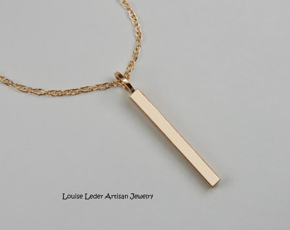 14K Solid Gold Bar Necklace: Handmade Minimalist Pendant