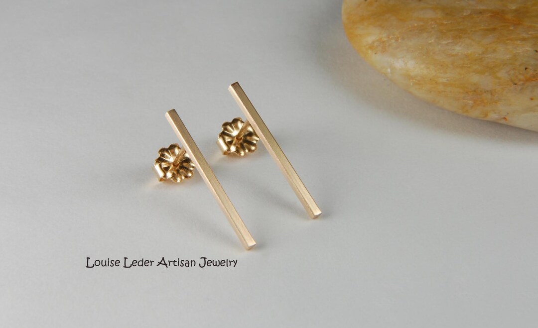 Solid Gold Earrings 14K Minimalist Earrings Long Gold Bar Etsy