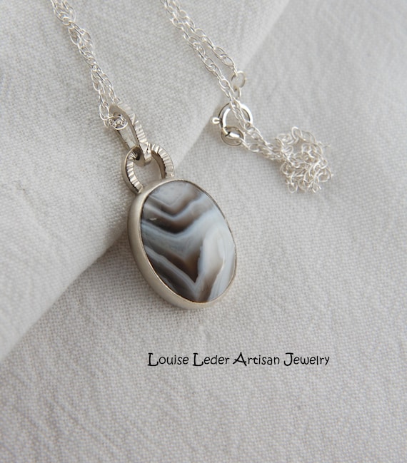 Handmade Botswana Agate Pendant: Sterling Silver Artisan Necklace