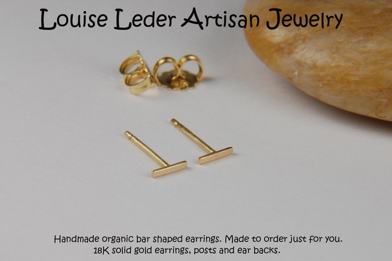 May include: Gold bar-shaped stud earrings with posts and ear backs. The earrings are handmade and made of 18K solid gold. The image also includes the text "Louise Leder Artisan Jewelry".