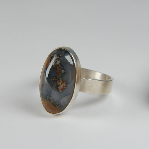 Moss Agate Ring Size 7 3/4 Handmade Silver Artisan Ring 925 Silver Ring Wide Band Ring Silver Oval Ring