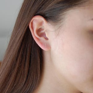 May include: A close-up shot of a person's ear with a small, straight bar earring. The earring is a simple, minimalist design. The person has long, brown hair and fair skin. The background is blurred.