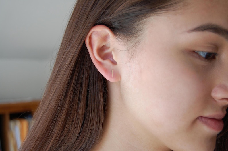 May include: A close-up shot of a person's ear with a small, straight bar earring. The earring is a simple, minimalist design. The person has long, brown hair and fair skin. The background is blurred.