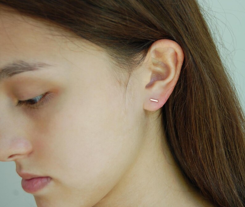 Rose Gold Bar Earrings Minimalist Earrings 14K Gold Stud Etsy