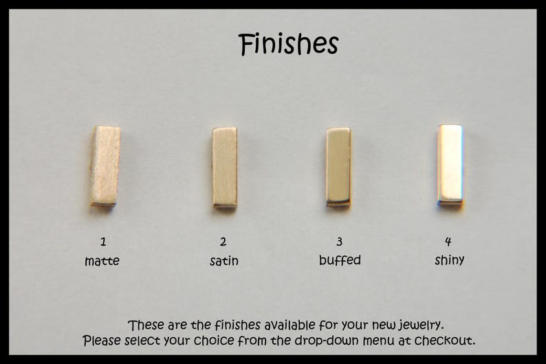 May include: Image displaying four metal finish samples: matte, satin, buffed, and shiny. Each finish is shown as a small, rectangular metal piece, numbered for selection. The word "Finishes" is at the top.