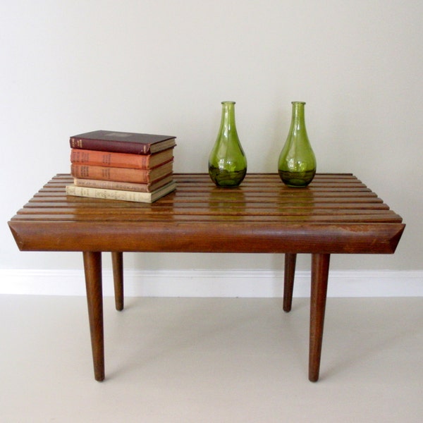 vintage mid century modern side table / small slat bench RESERVED