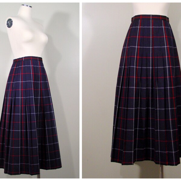 1980s Burberry pleated skirt / 80s navy and red plaid skirt